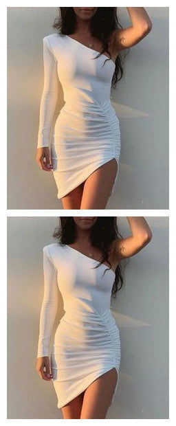 One Shoulder White Long Sleeve Homecoming Dress cg10904