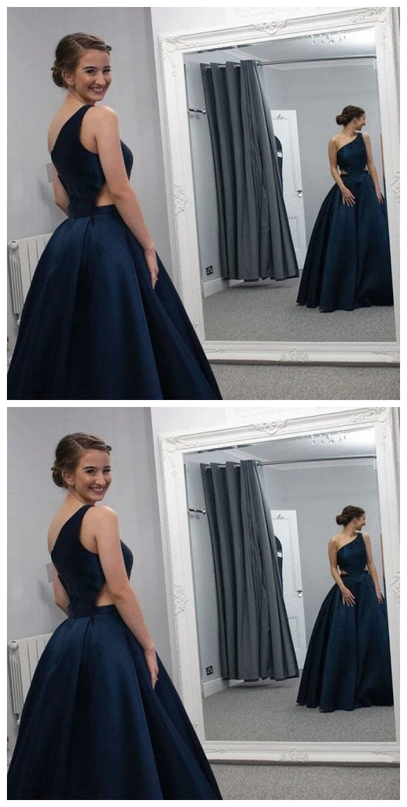 A Line Sleeves Cut Out Floor Length Dark Blue Prom Dress cg10905