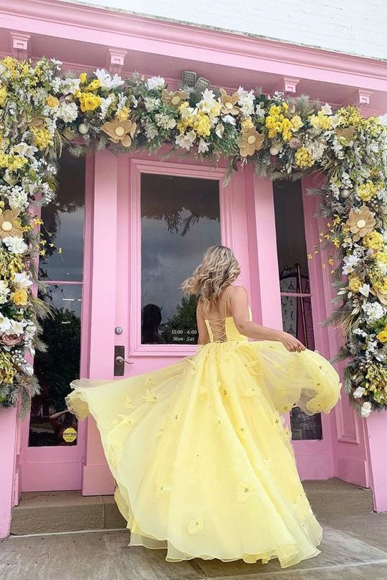 Straps Tulle Bodice 3D Flowers With Back Lace Up Yellow Long Prom Dress cg10929