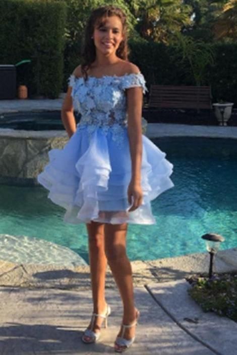 Off the Shoulder Tulle Light Blue Tiered Tulle Homecoming Dress with Appliques cg10939