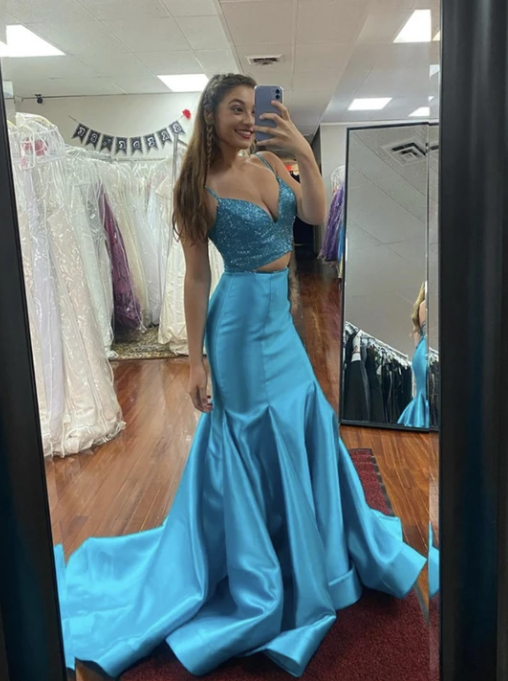Blue satin prom dress two pieces evening dress cg10941