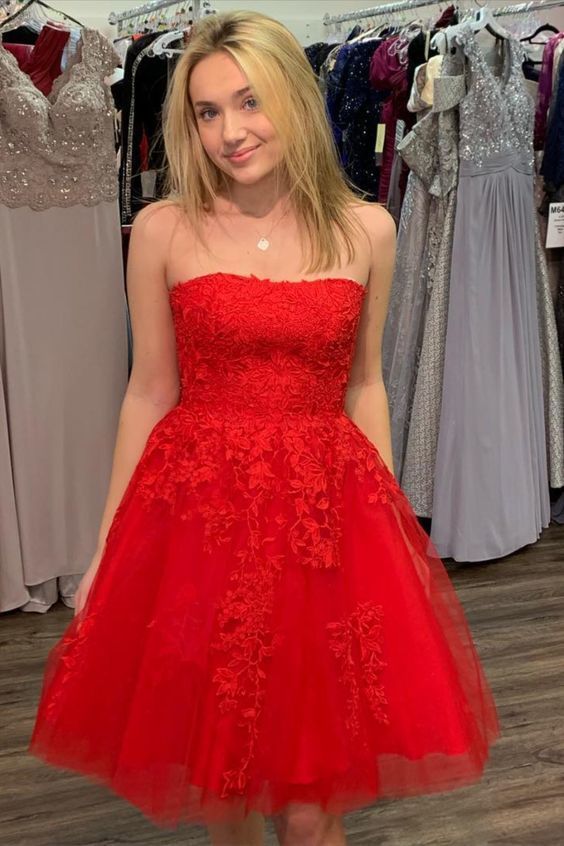 strapless red lace appliques short homecoming dress cg10959