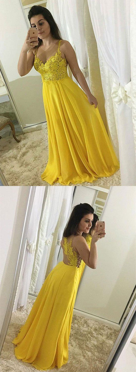 Yellow Lace Chiffon Long Prom Dress, Yellow Evening Dress cg10978