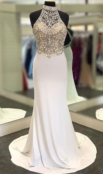 High Neck Sheath Long Prom Dresses With Beaded cg10996