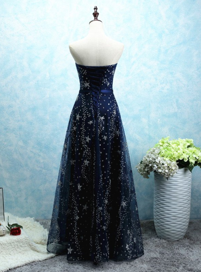 A Line Long Tulle Strapless Prom Dress With Star Sequins cg11000
