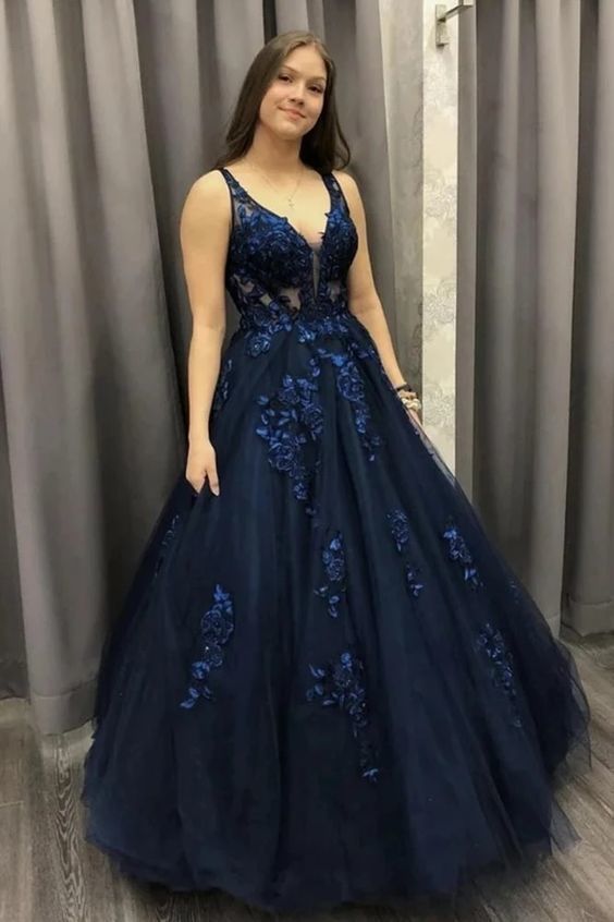 V Neck Dark Blue Long Prom Dress, Lace Applique Tulle Formal Dress cg11012