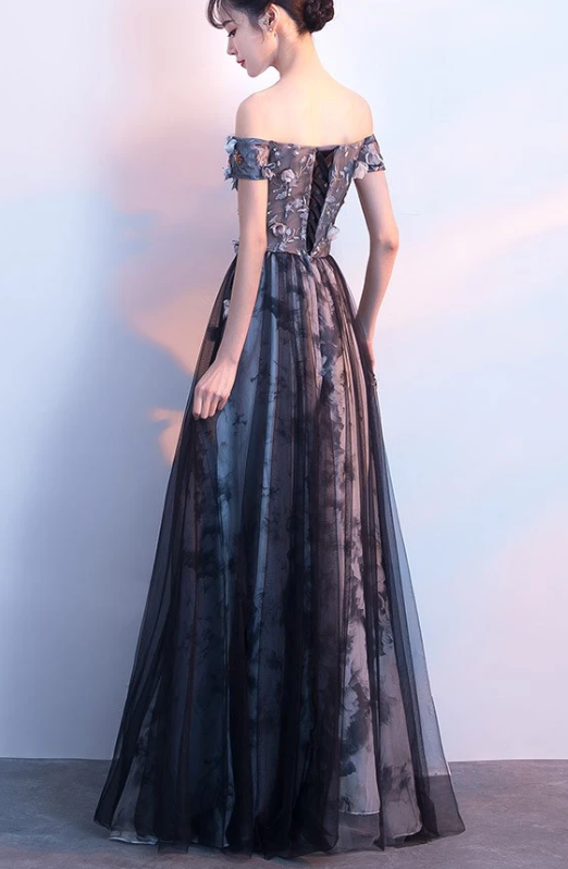 Beautiful Off Shoulder A-Line Tulle With Floral Lace Applique, Long Evening Dress cg11017