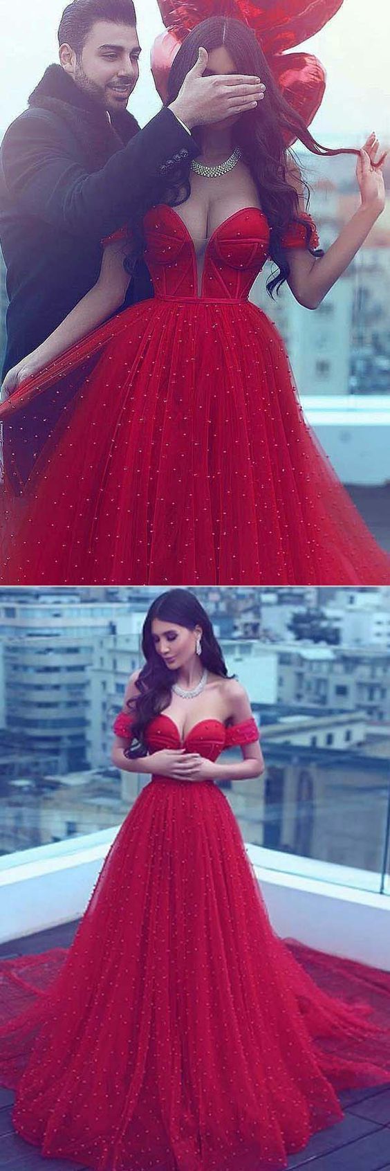 A-Line Off-the-Shoulder Court Train Red Tulle Prom Dress cg11023