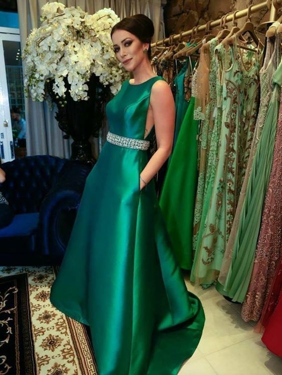 Green Long Prom Dress With Belt Beading cg11033