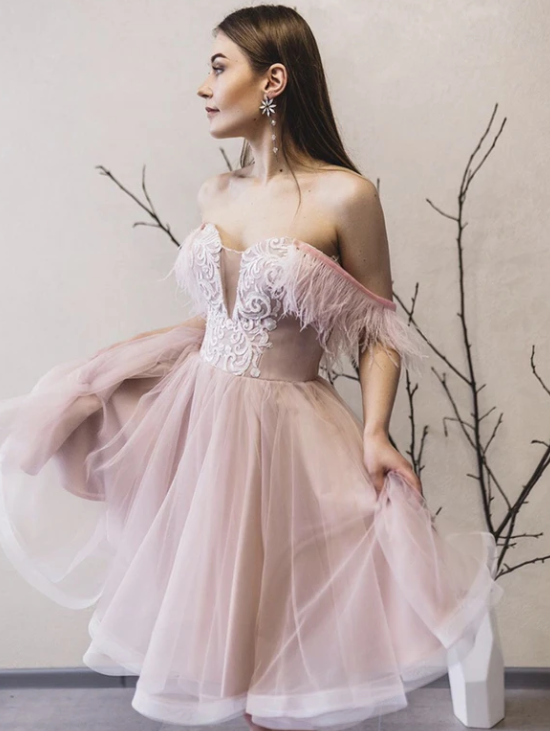 Pink tulle off shoulder dress party dress homecoming dress cg11042
