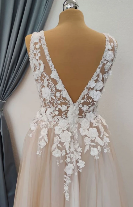 CHAMPAGNE V NECK TULLE LACE LONG PROM DRESS LACE FORMAL DRESS cg11044