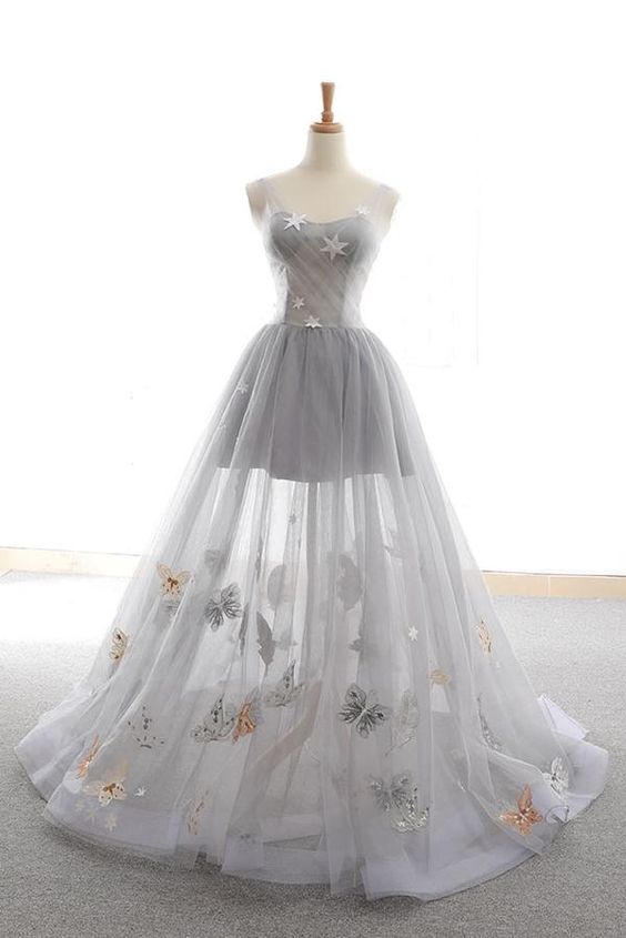 Gray sweetheart tulle long prom dress gray evening dress cg11060
