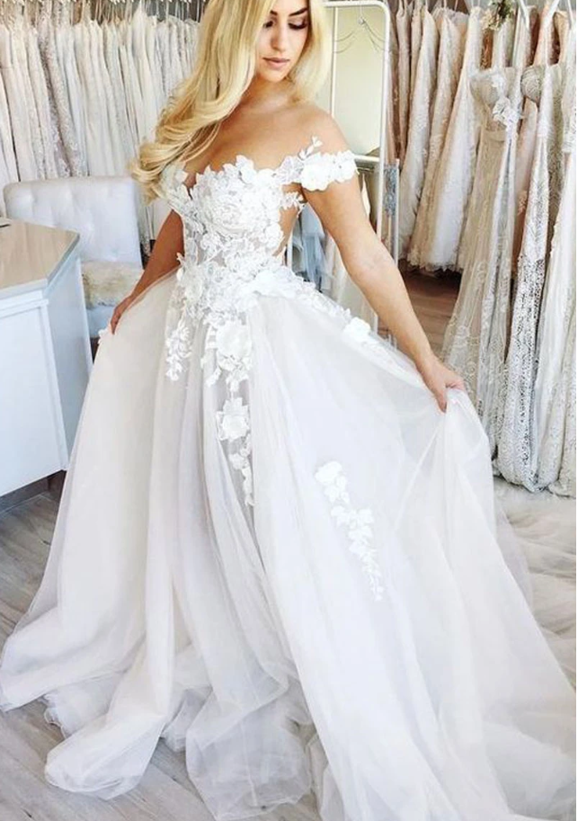 White lace tulle long prom dress, tulle lace formal dress cg11071
