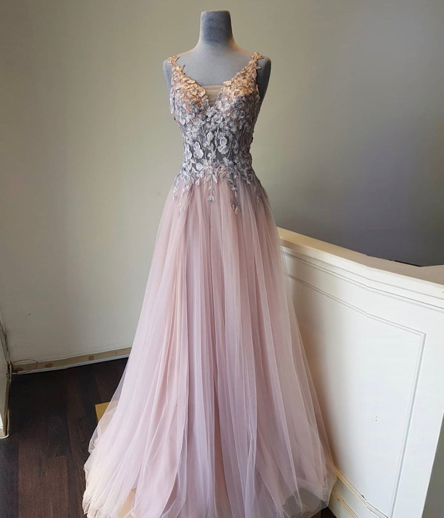 PINK V NECK LACE TULLE LONG PROM DRESS cg11082