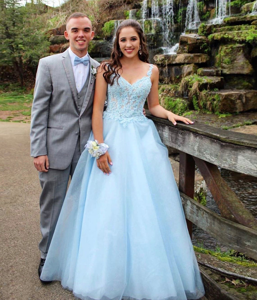 BLUE TULLE LACE LONG BALL GOWN PROM DRESS cg11083