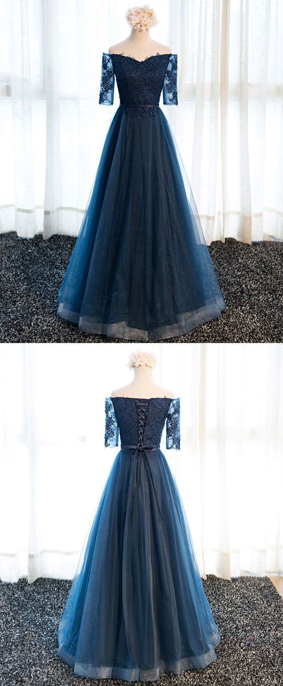 Navy blue lace long prom dress, lace evening dress cg11088