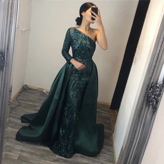 One shoulder long sleeves Sequined Evening Dresses prom dress, evening dress cg11095