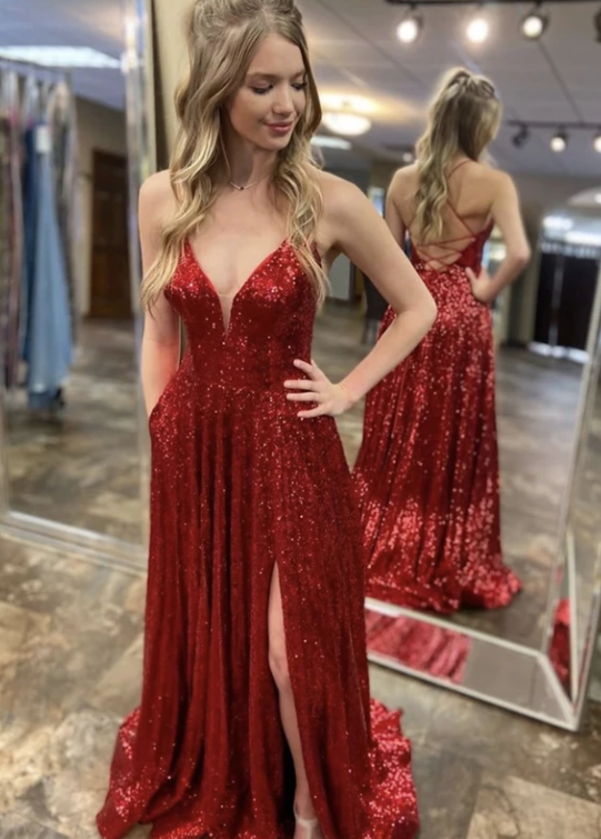 Burgundy sequins long prom dress evening dress cg11106