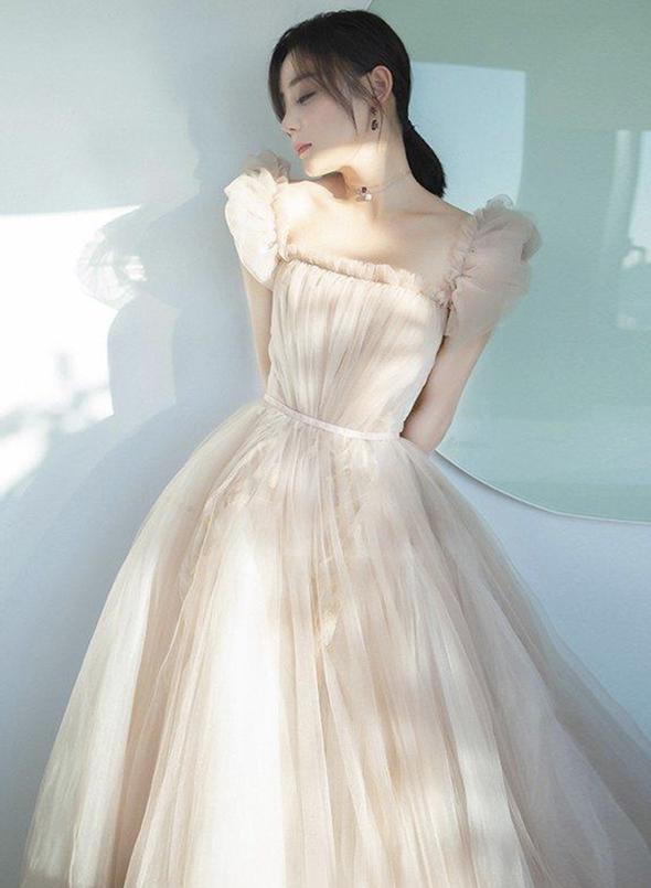 Cute champagne tulle prom dress evening dress cg11113