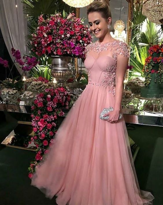 Pink Tulle Prom Dress, Beaded Women Floor Length Dress cg11129