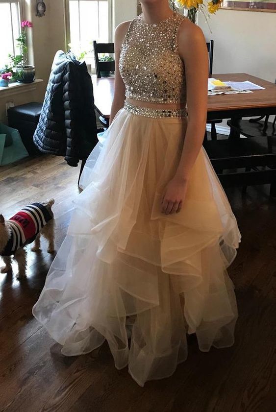 2 Pieces Sequined Ball Gown Open Back Evening Prom Dresses Champagne Beading cg11161