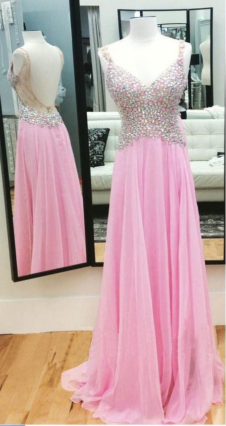 Pink Beaded Embellished Plunge V Sleeveless Chiffon Floor Length Prom Dresses cg11162