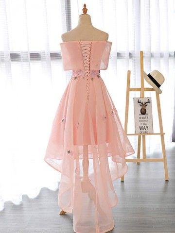 Pink Cute High Low Off Shoulder Homecoming Dress With Flowers cg11173
