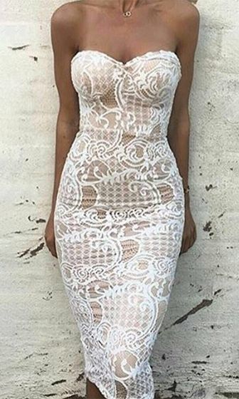 White Lace Strapless Sweetheart Neck Bodycon Midi Dress prom gown cg11178