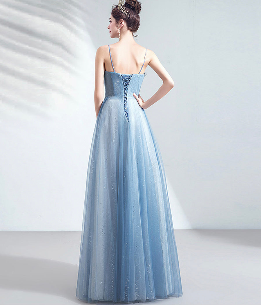 BLUE TULLE LACE LONG PROM GOWN FORMAL DRESS cg11209