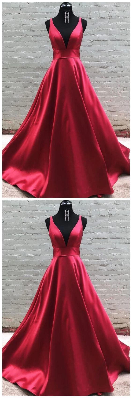 Simple V Neck Burgundy Satin Long Prom Dress cg11220