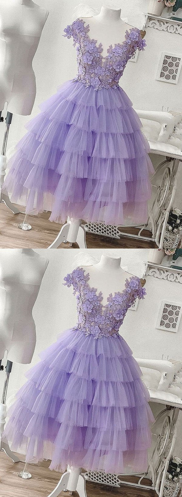 Purple tulle appliqué short homecoming dress, homecoming dress cg1123