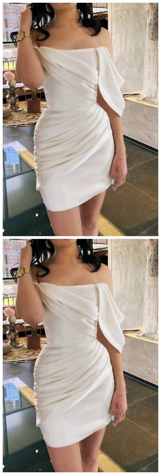 2019 Homecoming dress white satin off the shoulder wedding dress short   cg11231