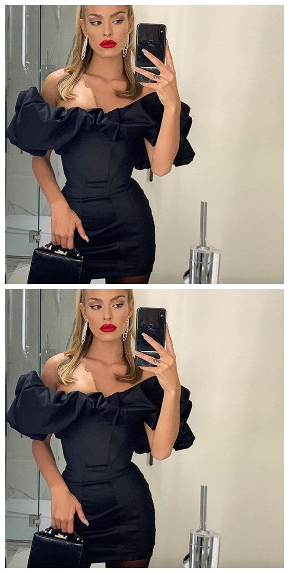 2019 Homecoming dress Black Dress Women Ruffles Sleeve Strapless Black Dress cg11232