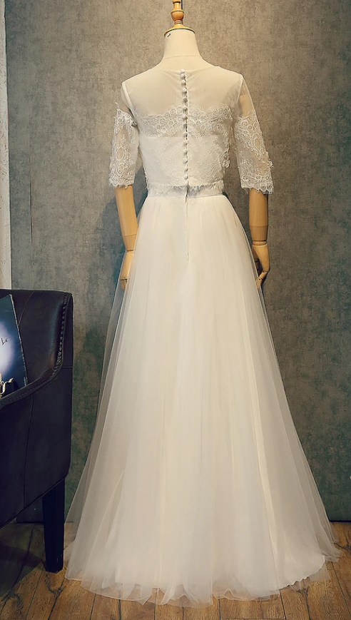 Beautiful White Tulle Two Piece Lace Party Dress, Simple White Evening Gown Prom Dress cg11242