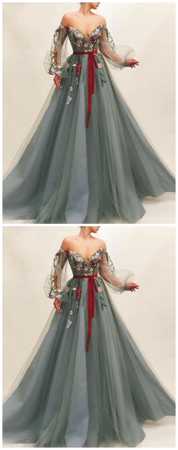 Elegant V neck Tulle Long Prom Dress with Appliques, Formal Evening Dress cg11248