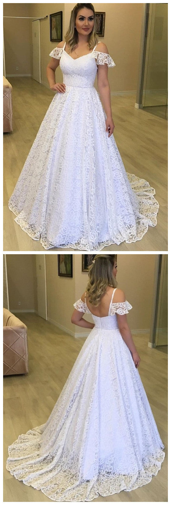 Charming V neck White Lace Open Back Prom Dress cg11249