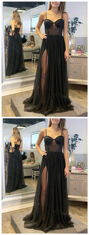 Black Spaghetti Straps A Line Prom Dress cg11250