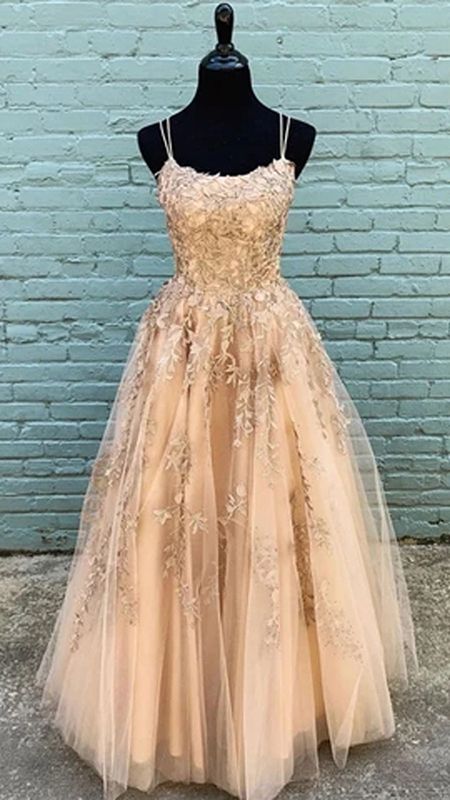 Fabulous Tulle A Line Spaghetti Straps Prom Dresses with Lace Appliques cg11260