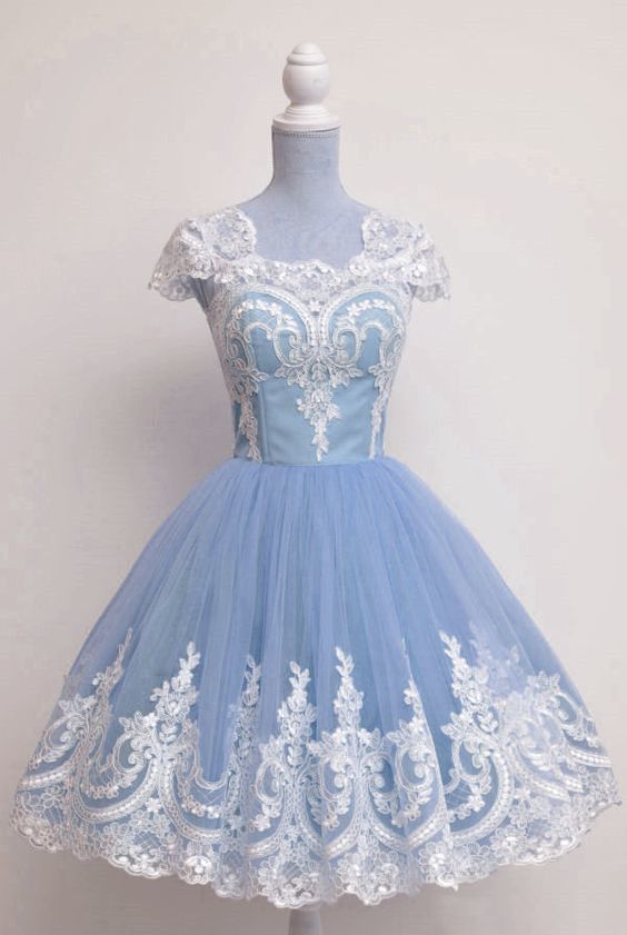 Short Blue Party Dress With Appliques Lace homecoming dress cg11262