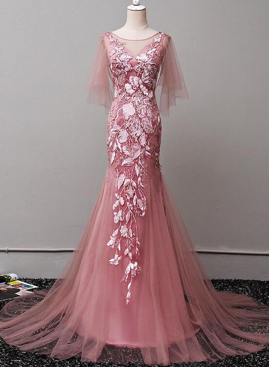 Dark Pink Tulle Mermaid Long Formal Dress With Floral Lace, Long Evening prom Dress cg11269