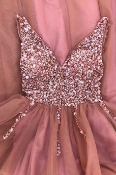 A-line blush pink tulle long formal dress prom dress with sequins v neckline top cg11295
