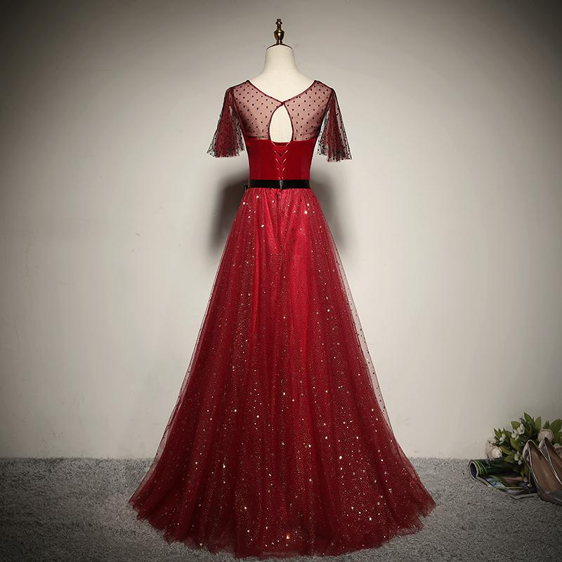 Red Tulle With Velvet Round Neckline Top Party prom Dress, A-Line Evening Dress cg11304