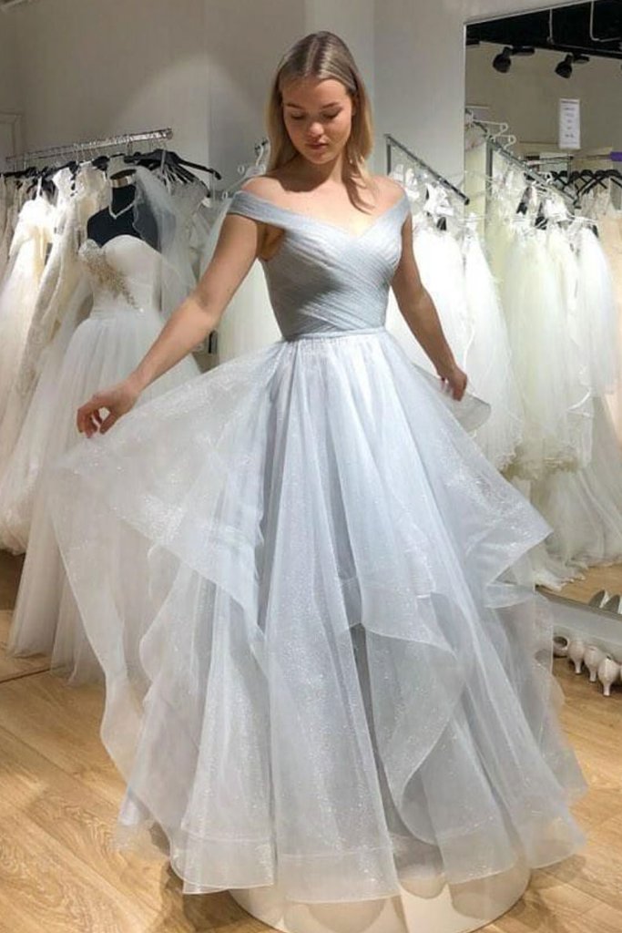 GRAY V NECK TULLE SEQUIN LONG PROM DRESS GRAY TULLE FORMAL DRESS cg11307