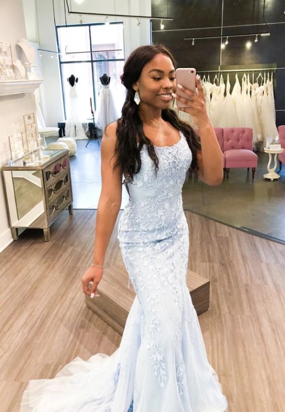 Blue lace tulle long prom dress evening dress cg11329