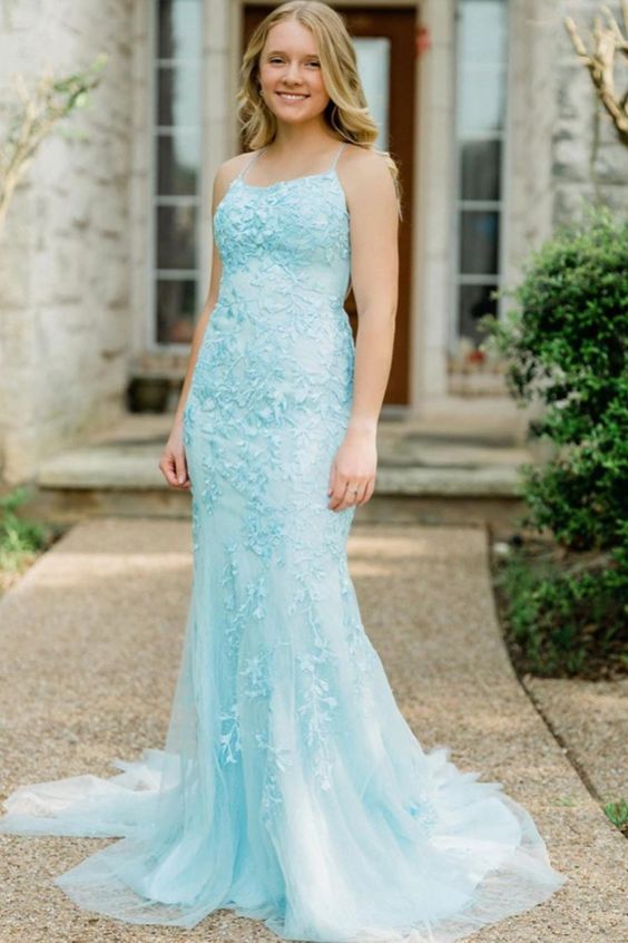 light blue lace mermaid long evening dress prom dress formal dress cg11359