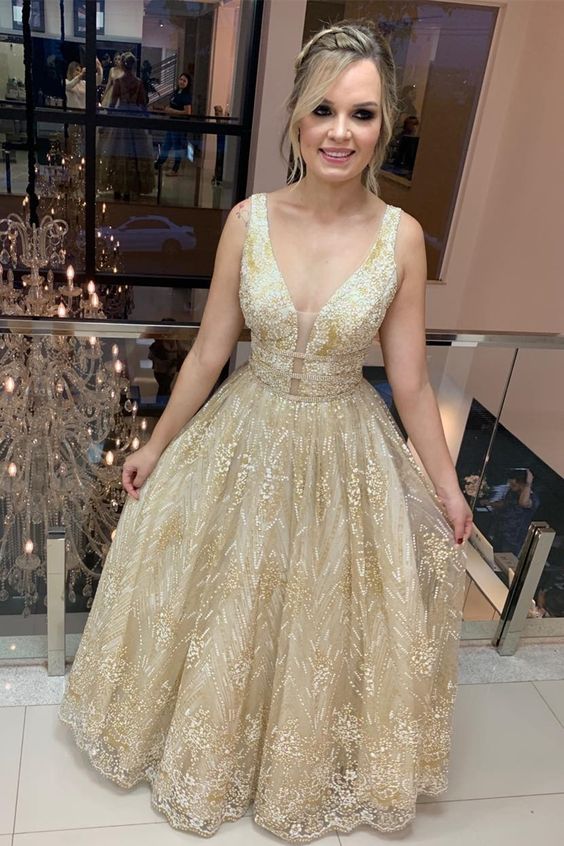 gold sequins A-line long formal dress prom dress evening dress cg11363