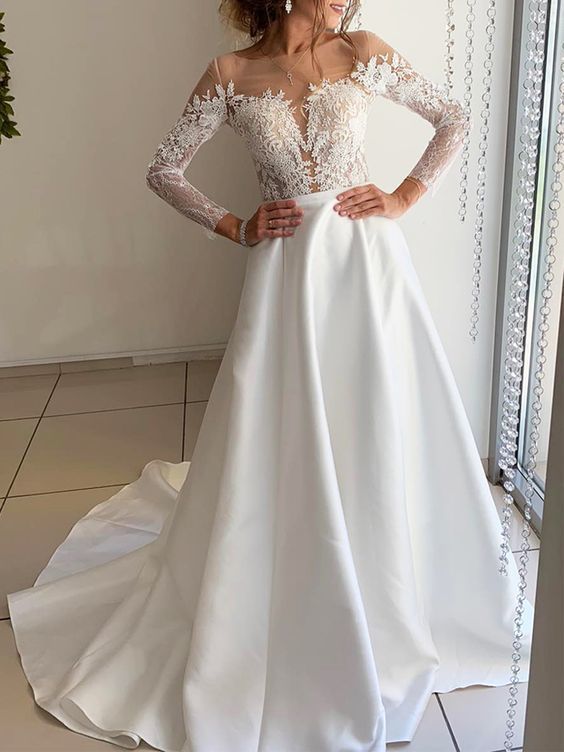 Elegant Long Sleeve White Satin Lace Wedding prom Dresses cg11375