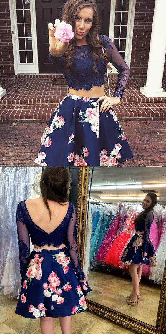 Cute Two Piece Bateau Long Sleeves Lace Short Blue Floral Homecoming Dress cg1138