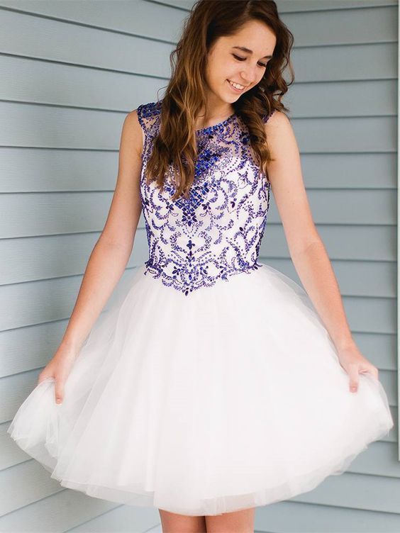 Cute A-Line Round Neck White Tulle Short Homecoming Dress cg11383