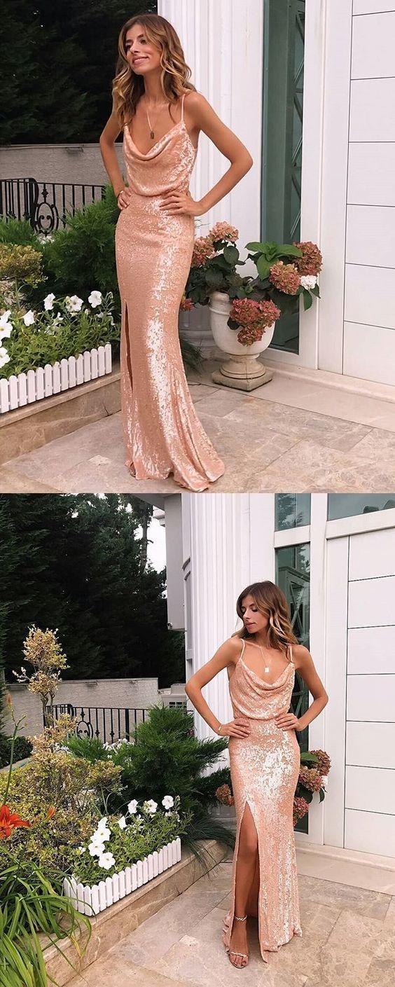 Sexy Spaghetti Straps Gold Sequins Sheath Long Prom Dress with Side Split cg11386